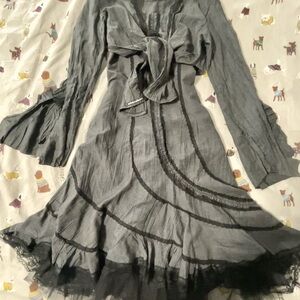 Gothic Gray dress with black lace details and an arm cover